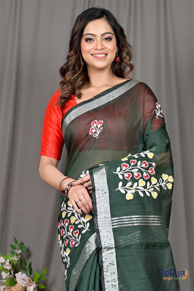 Dark Green Cotton Blended Paroni Embroidery Handloom saree (496)